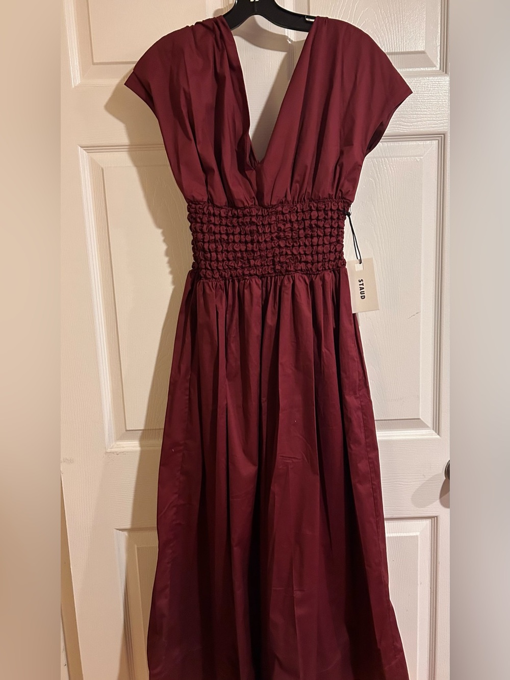 STAUD Deep V Burgundy Maxi Dress with Smocked Waist